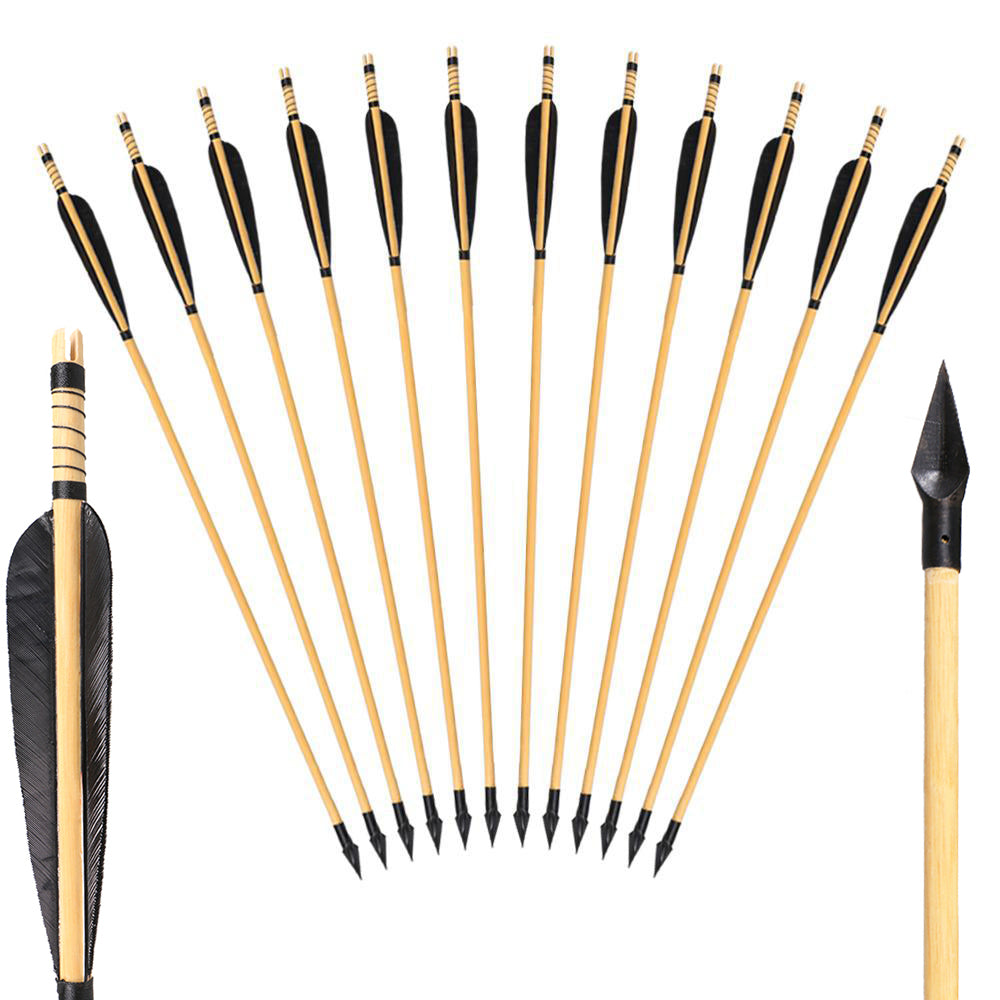 12x 31.5" Black Feather Fletched Wood Archery Arrows with Broadheads